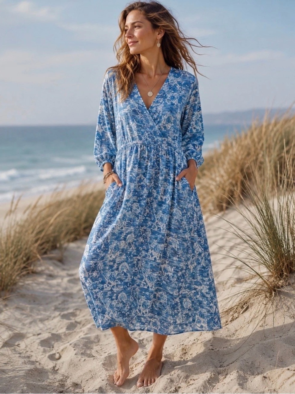 NWT Old Ranch Blue Floral Midi Faux Wrap Dress 💯 Viscose Coastal Cowgirl